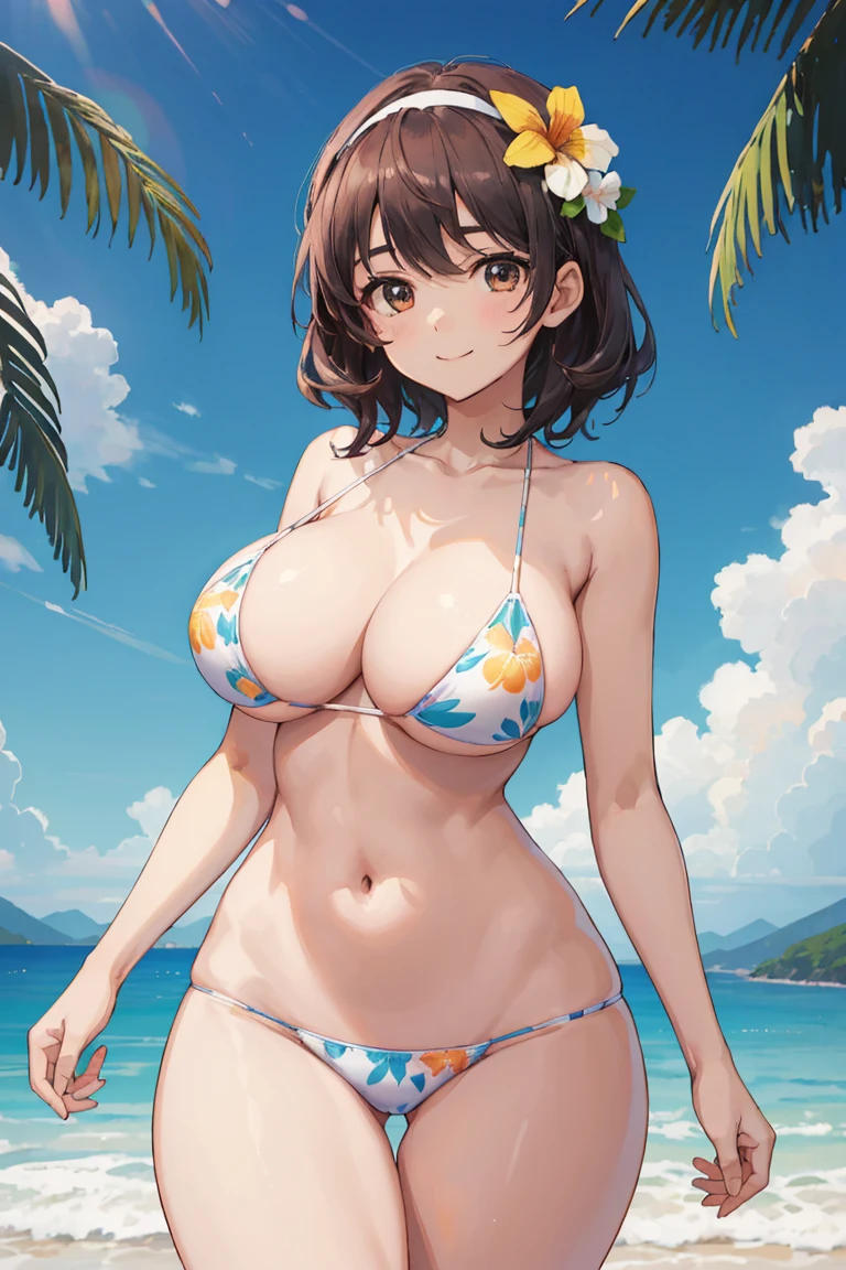 young and beautiful woman，Have a perfect body and beautiful big eyes, perfect figure, thin and thick, short and wavy hair, headband, Delicate printed micro bikini, playing on the beach, tropical island, glad, smile gently, avo, it's a perfect face, mute, atmospheric, linhas limpas, complex, super verbose, real, 8K