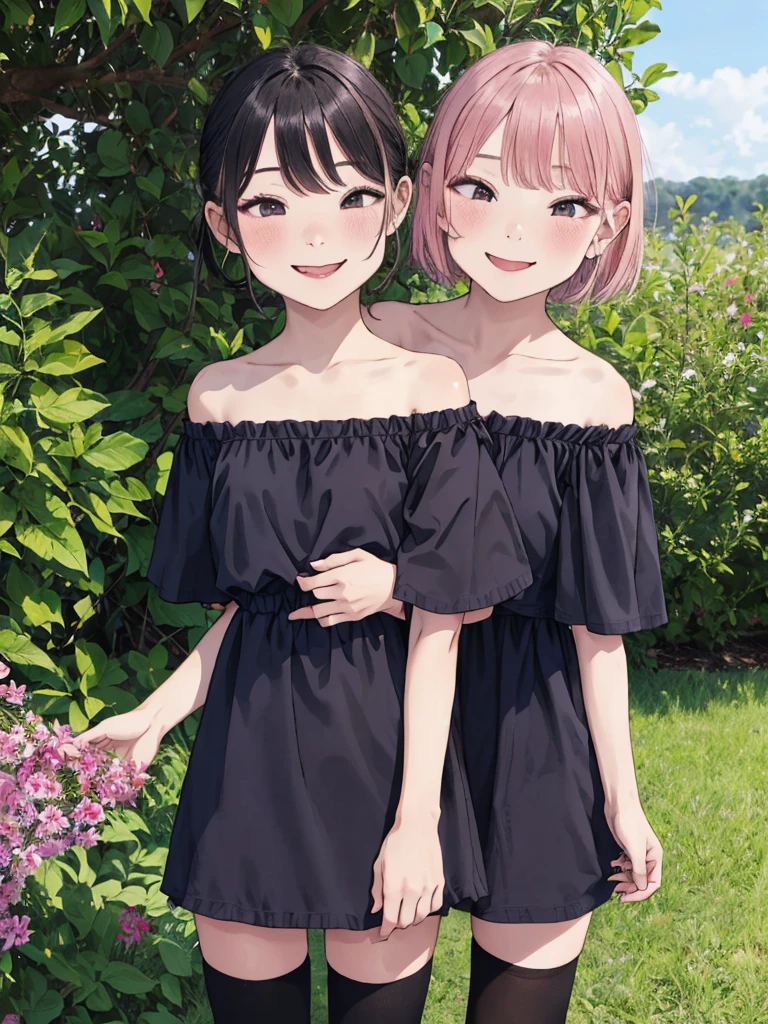 1girl,,,outdoor,off shoulder,summer dress,thighhighs,standing,smile,blush