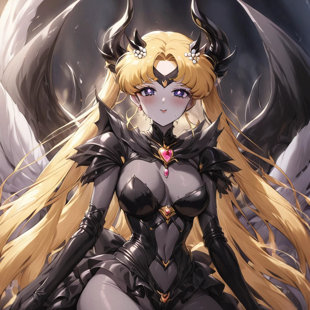 ((Highest quality)), ((masterpiece)), (detailed), (Perfect Face)、The woman is Princess Serenity having sex with the Demon King, the woman is Princess Serenity, a sexy female demon with jet black skin、The woman is a jet-black female demon with magnificent devil horns, jet-black devil wings, and a jet-black tail. Her skin is jet-black, and she is a devil bride wearing a luxurious black gothic Victorian wedding dress and a black wedding veil. She is the jet-black demon Princess Serenity, and has blonde hair with a happy expression as she looks at the camera.2The expression of a girl in love with her long hair tied up、She is Princess Serenity