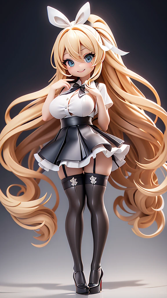 work, best quality, girl, long hair alternative, absurdly long hair, blonde hair, bow hair, aqua eyes, seductive smile, Tongue, black eyes, long eyelashes, big breasts, There is a mole on the chest, White shirt, black skirt, high heeled, shoe, period, hair ribbon, flower ribbon, hair_ribbon, hair_ribbon, hair_flower, tall, ((stockings opaque:1.4))