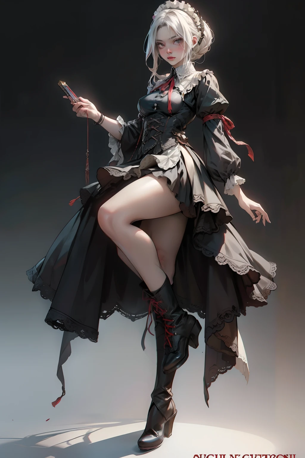 ((best quality)), ((masterpiece)), (detailed), blank white background, plain background, white background, red and white clothing, Bloodborne inspired,  occult aesthetic, occult, detailed and intricate steampunk and detailed gothic, NSFW, Very dramatic and cinematic lighting, cosmic horror, grim-dark, side-lighting, perfect face, NSFW, Fluttering lace flared long knee length dress with frilly petticoats, knee length dress, pleated petticoats, lolita dress, petticoats gothic lolita, complex lace boots, side-lighting, gothic lolita aesthetic, wielding a mighty sword with mechanical components, carbine, NSFW, beautiful small breasts, small breasts, full body, whole body, body, plain background, white background, blank background, no background, white background NSFW, full body, whole body, head-to-toe NSFW