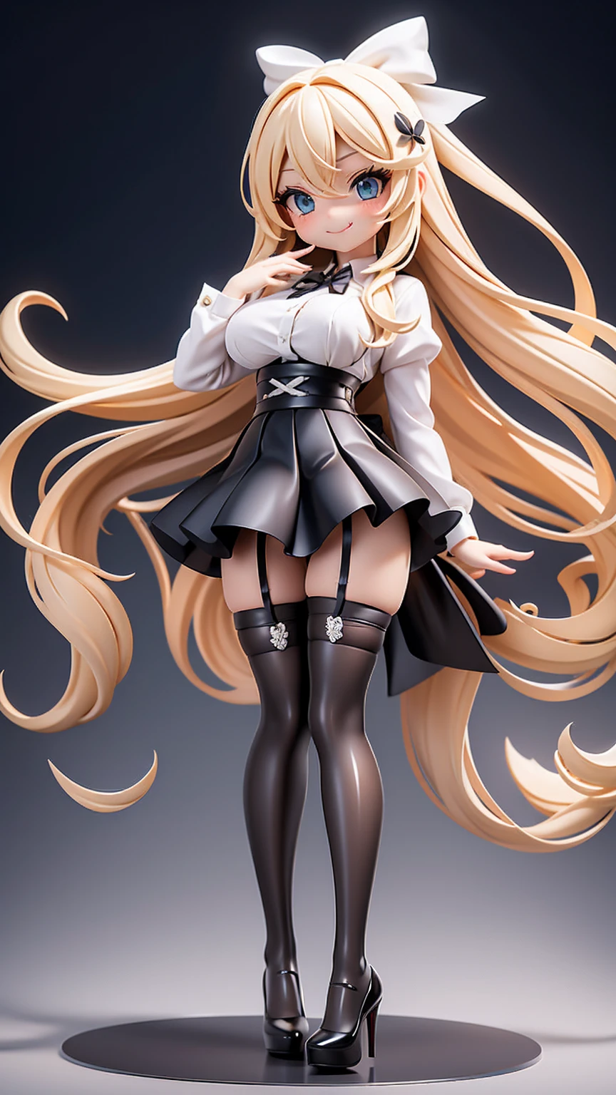 work, best quality, girl, long hair alternative, absurdly long hair, blonde hair, bow hair, aqua eyes, seductive smile, Tongue, black eyes, long eyelashes, big breasts, There is a mole on the chest, White shirt, black skirt, high heeled, shoe, period, hair ribbon, flower ribbon, hair_ribbon, hair_ribbon, hair_flower, tall, ((stockings opaque:1.4))