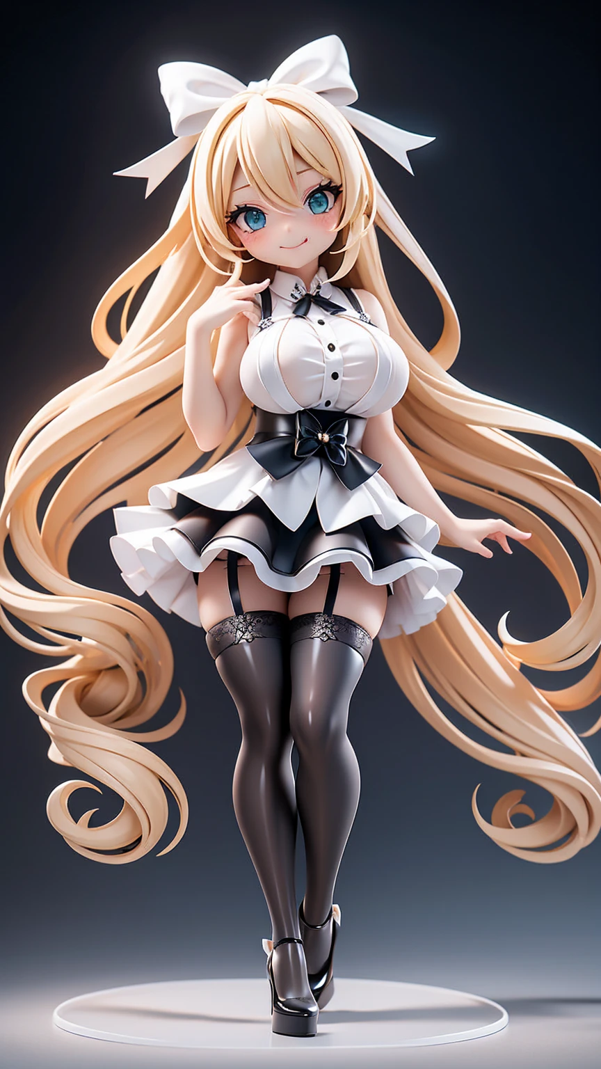 work, best quality, girl, long hair alternative, absurdly long hair, blonde hair, bow hair, aqua eyes, seductive smile, Tongue, black eyes, long eyelashes, big breasts, There is a mole on the chest, White shirt, black skirt, high heeled, shoe, period, hair ribbon, flower ribbon, hair_ribbon, hair_ribbon, hair_flower, tall, ((stockings opaque:1.4))