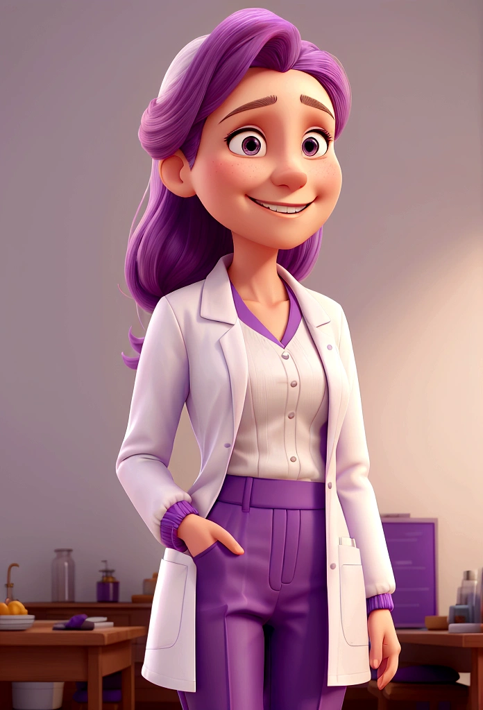 smiling woman in white jacket and purple pants posing for a photo, wearing lab coat and a blouse, in front of the white back drop, dressed in an old White coat, frontal portrait, Greasy Laurie, White coat, wearing a lab coat, promotional portrait, professional profile photo, wearing a white blouse,  disney pixar style