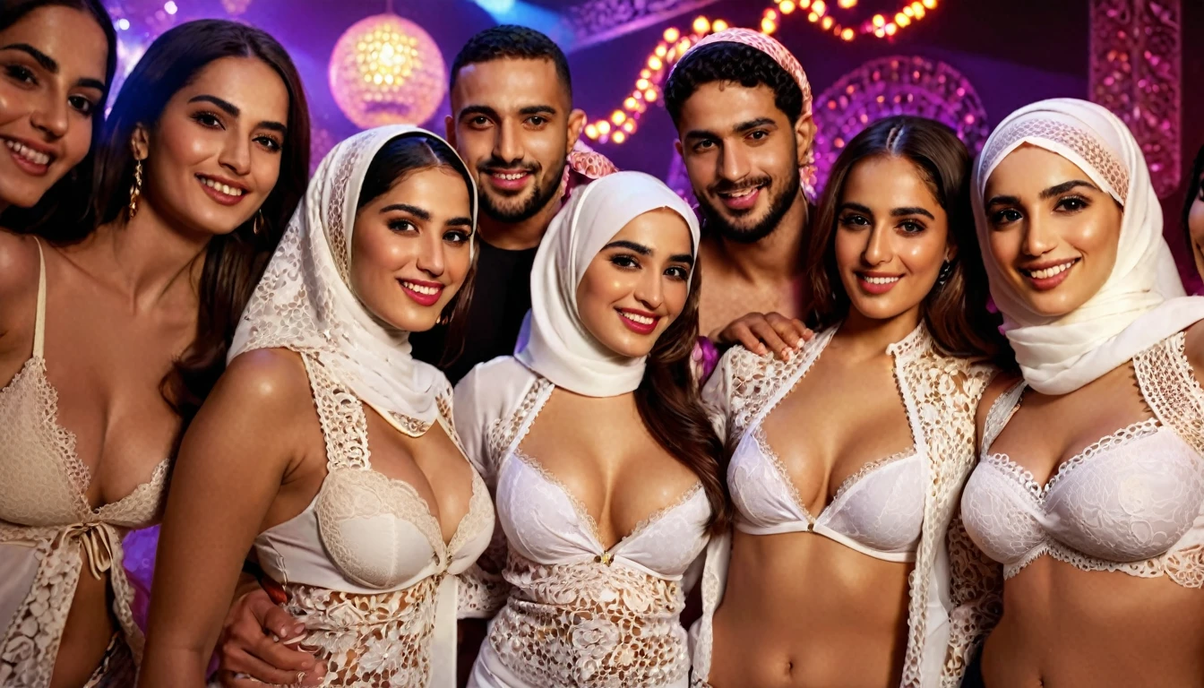 ((Best quality, 8k, Masterpiece :1.3)), (realistic, photo-realistic:1.37) A charismatic man wearing Arabic clothes is surrounded by seven young sexy Arab women wearing hijabs with sexy white lace bras. Some gently place their hands on his shoulders or body, creating an intimate and exciting scene. colourful discotheque lights and partying, full body shot, top quality, masterpiece, photorealistic,light spot