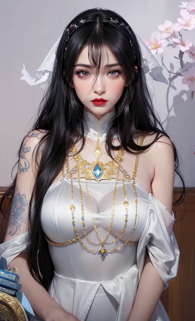 Royal princess，Super detailed, Delicate face, Stock Photography , Portrait 400, F1 Camera Lens.6, Colorful, Surrealism, Realistic textures, Dramatic Lighting, Thin Film Distiller 800 (8K, original photo, Better quality, masterpiece: 1.2), Super detailed, (Extremely delicate skin: 1.2), 8K 超高清, SLR camera, Soft Light, high quality.Fire Queen，Blue pupils，Apply red lipstick，Have a tattoo，The tattoo is very three-dimensional，Gorgeous and intricate tattoo designs，8K Mugshot，Large Breasts，Dark eyeshadow，Sexy thick lips(Red lipstick)，Ice Princess，The facial features are very three-dimensional，Gorgeous and exquisite crystal diamond lace wedding dress，