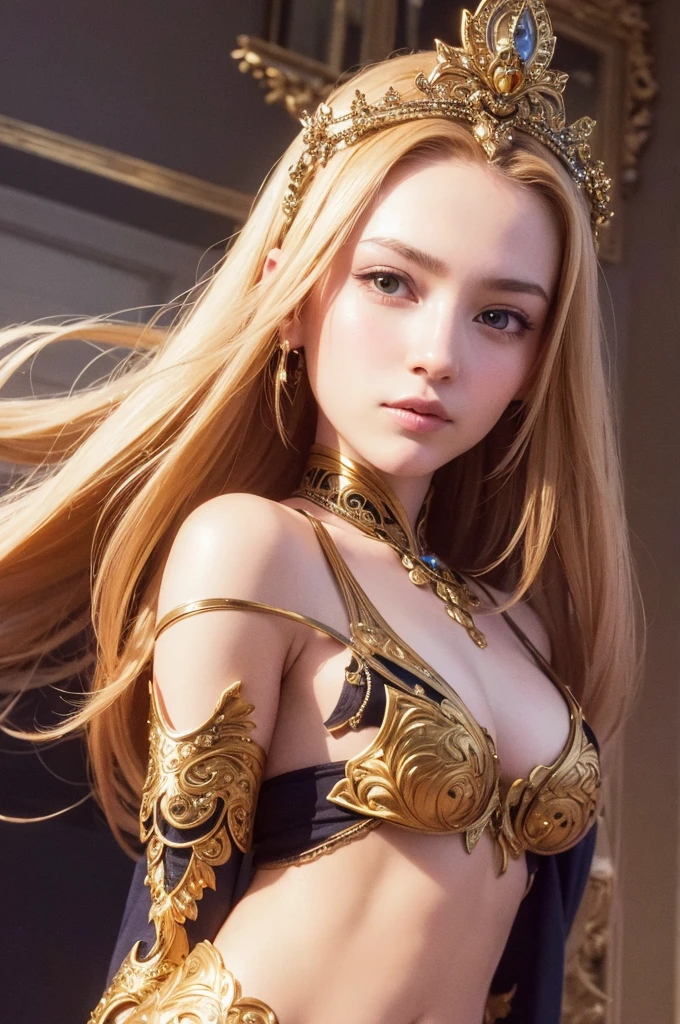 model shoot, (1 girl), long hair, golden hair, Islamic warrior, golden outfit, laces, shining:1.5, hyper realistic, super detailed, Dynamic shot, masterpiece, scene sharp détails, perfect eyes, perfect skin, perfect hands, attractive poses,perfect body,(Lie:1.3)