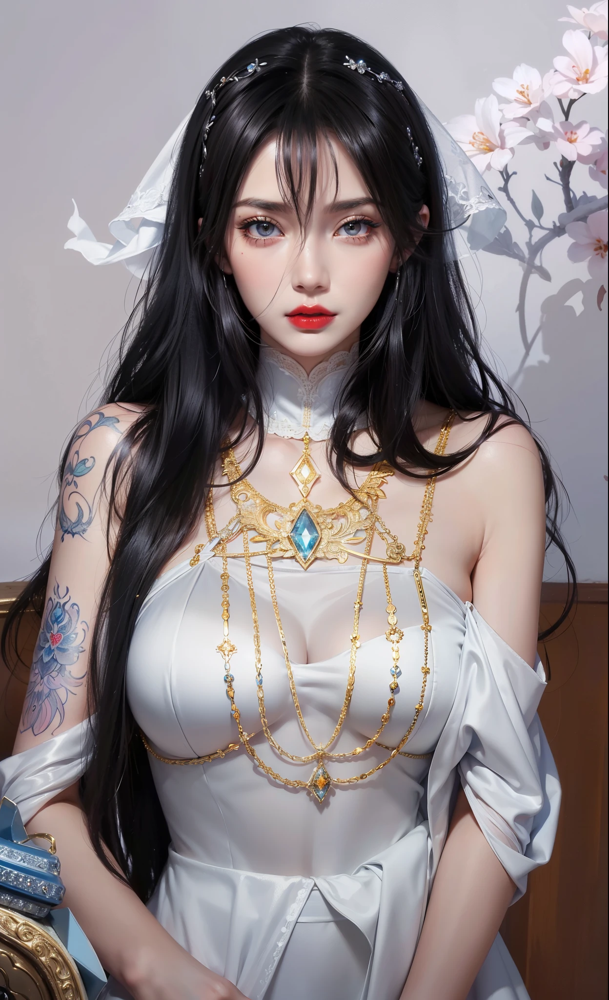 Royal princess,Super detailed, Delicate face, Stock Photography , Portrait 400, F1 Camera Lens.6, Colorful, Surrealism, Realistic textures, Dramatic Lighting, Thin Film Distiller 800 (8K, original photo, Better quality, masterpiece: 1.2), Super detailed, (Extremely delicate skin: 1.2), 8K 超高清, SLR camera, Soft Light, high quality.Fire Queen,Blue pupils,Apply red lipstick,Have a tattoo,The tattoo is very three-dimensional,Gorgeous and intricate tattoo designs,8K Mugshot,Large Breasts,Dark eyeshadow,Sexy thick lips(Red lipstick),Ice Princess,The facial features are very three-dimensional,Gorgeous and exquisite crystal diamond lace wedding dress,