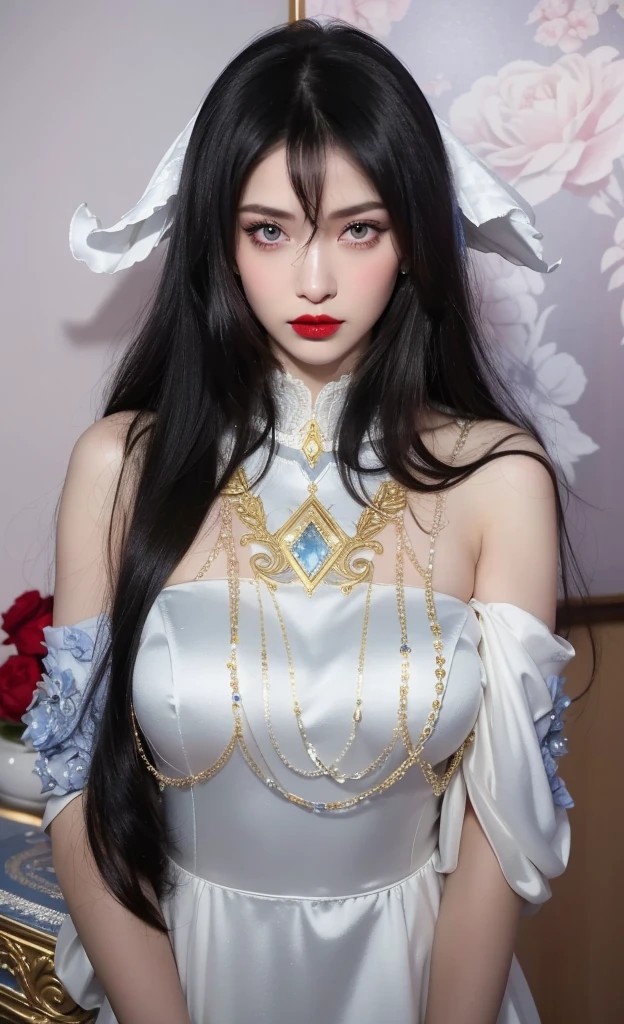 Royal princess,Super detailed, Delicate face, Stock Photography , Portrait 400, F1 Camera Lens.6, Colorful, Surrealism, Realistic textures, Dramatic Lighting, Thin Film Distiller 800 (8K, original photo, Better quality, masterpiece: 1.2), Super detailed, (Extremely delicate skin: 1.2), 8K 超高清, SLR camera, Soft Light, high quality.Fire Queen,Blue pupils,Apply red lipstick,Have a tattoo,The tattoo is very three-dimensional,Gorgeous and intricate tattoo designs,8K Mugshot,Large Breasts,Dark eyeshadow,Sexy thick lips(Red lipstick),Ice Princess,The facial features are very three-dimensional,Gorgeous and exquisite crystal diamond lace wedding dress,
