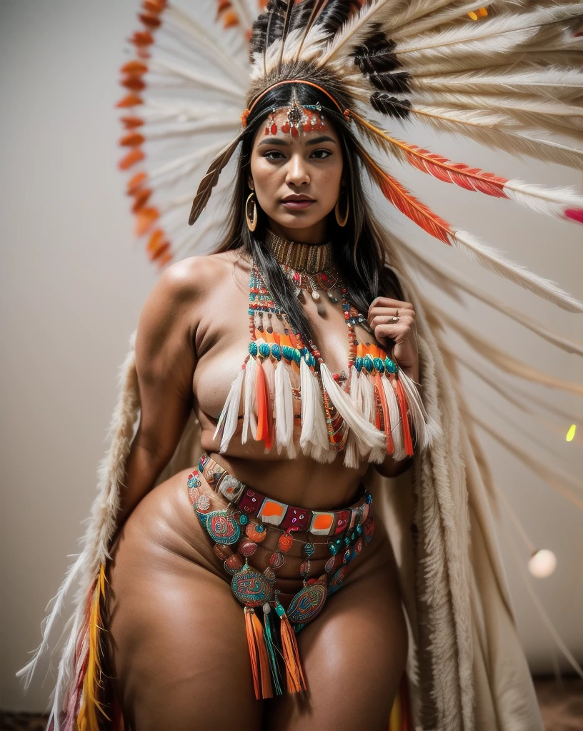 Beautiful Cherokee Indian woman with beautiful terracotta colored headdresses, blackw, doradas, cobre, Pearl, white and beige, feathers made of bright neon of various colors, flares on camera, bokeh, full moon night
