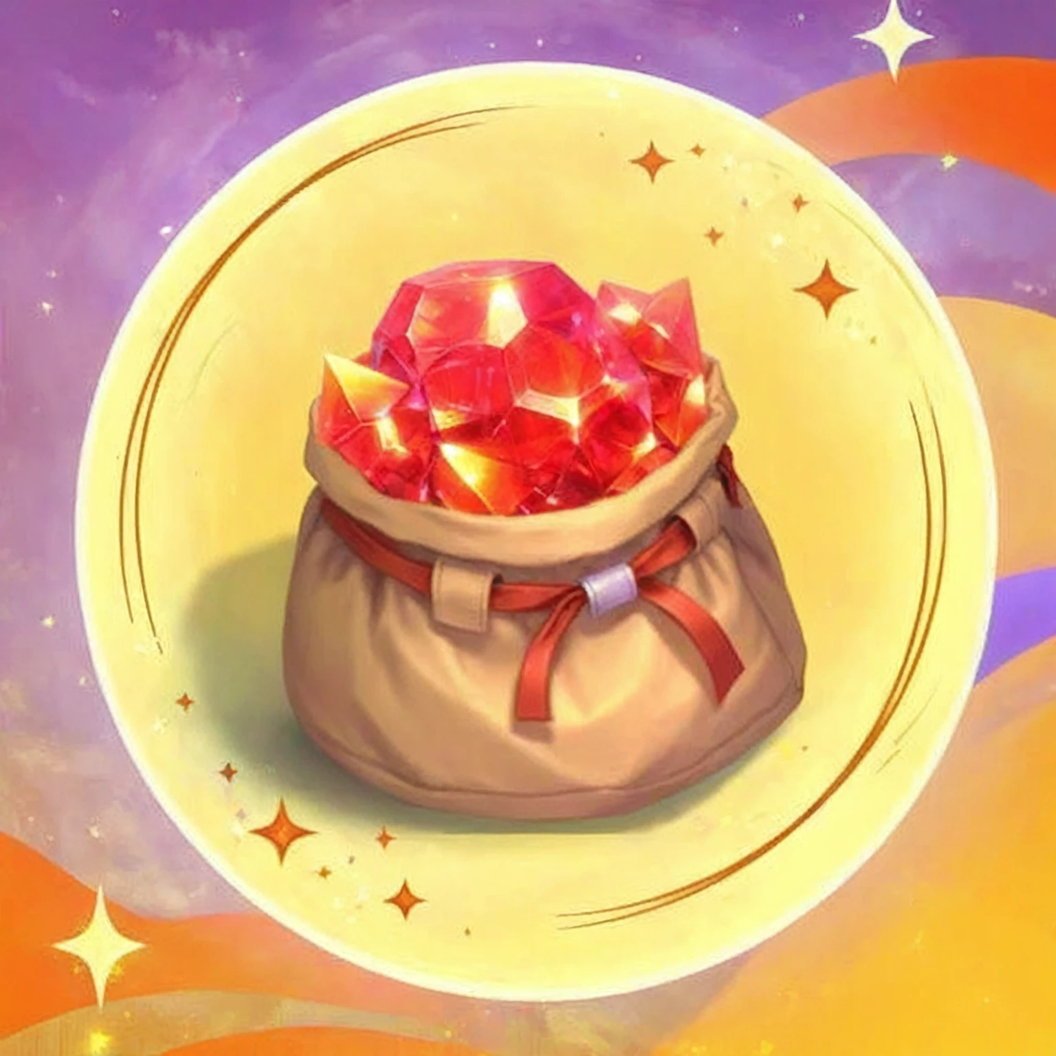 digital painting, mmorpg, Warm colors, cute style, medieval game, glowing effects in the background, glow effects, colorful, No characters, no characters, cute style, anime style, holiday, bag of rubies, sack, Rubies, Award
