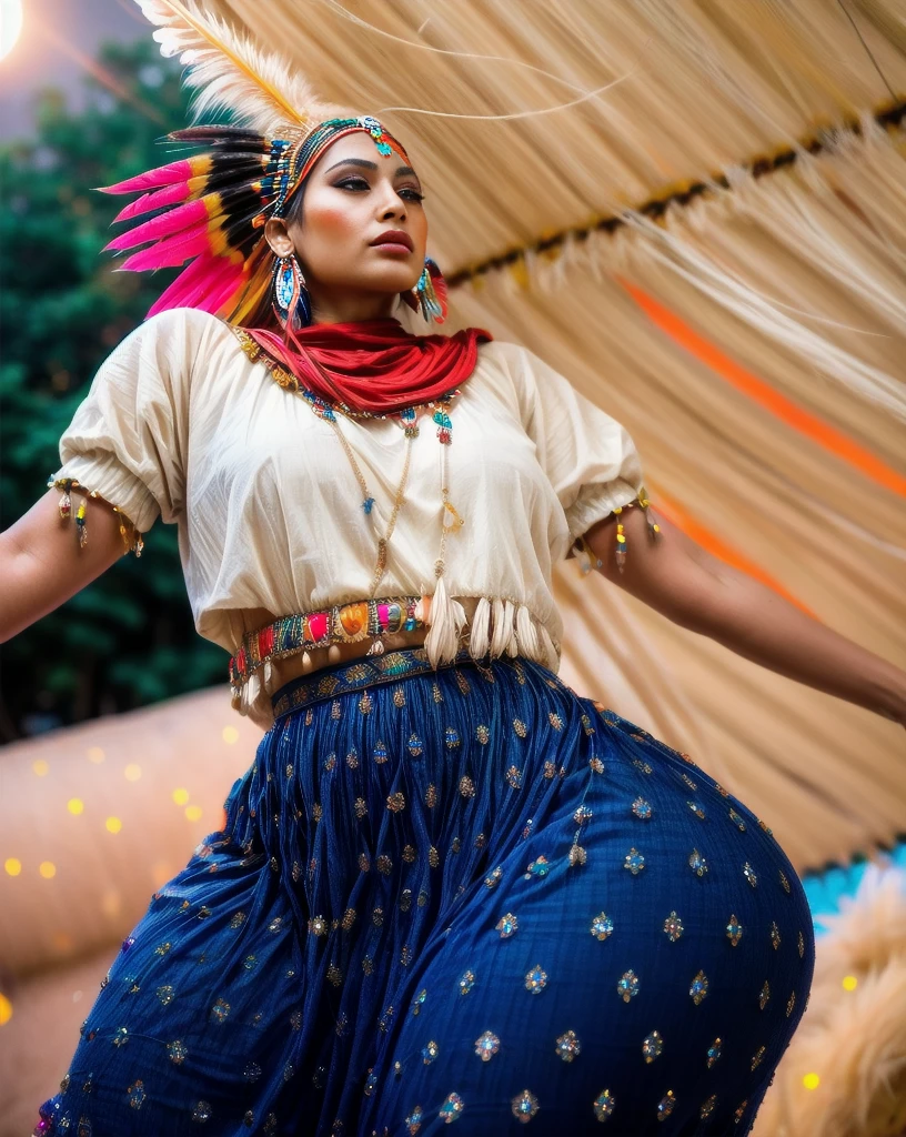 Beautiful Cherokee Indian woman with beautiful terracotta colored headdresses, blackw, doradas, cobre, Pearl, white and beige, feathers made of bright neon of various colors, flares on camera, bokeh, full moon night