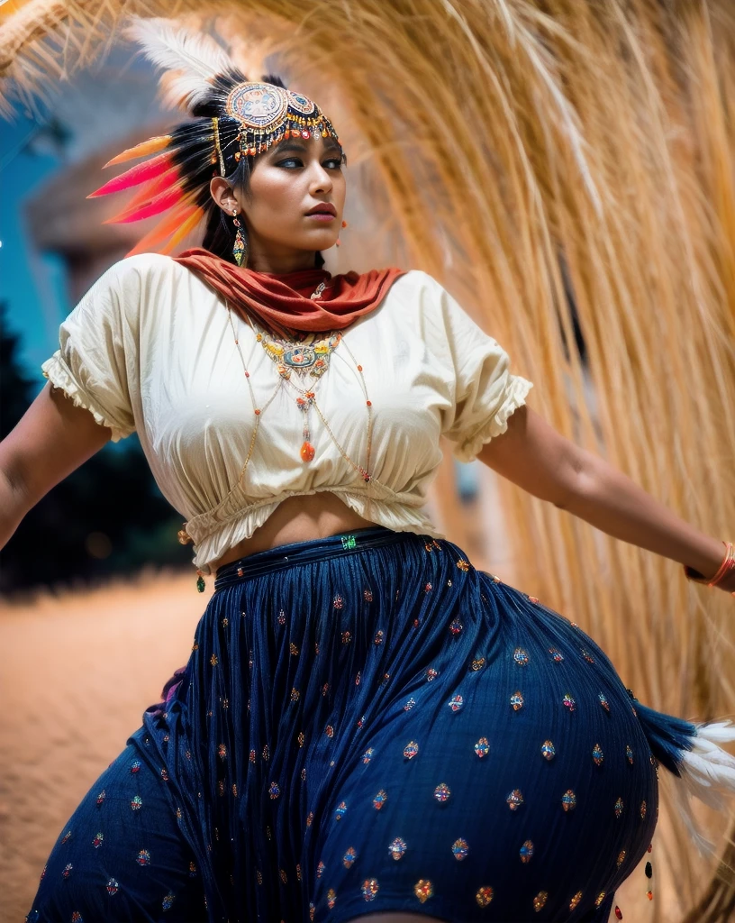 Beautiful Cherokee Indian woman with beautiful terracotta colored headdresses, blackw, doradas, cobre, Pearl, white and beige, feathers made of bright neon of various colors, flares on camera, bokeh, full moon night