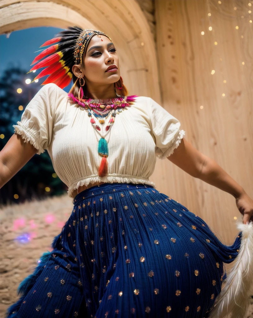 Beautiful Cherokee Indian woman with beautiful terracotta colored headdresses, blackw, doradas, cobre, Pearl, white and beige, feathers made of bright neon of various colors, flares on camera, bokeh, full moon night
