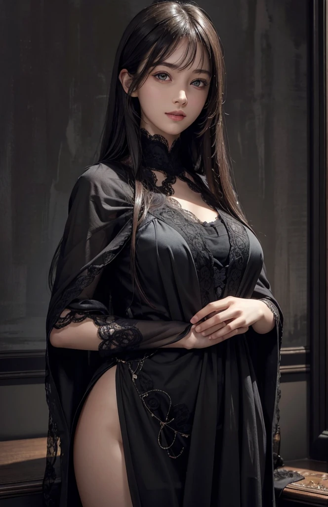 (masterpiece,top-quality),Beautiful detailed nun,Bewitching face,Japan person model,long lashes,Wearing a long black lace dress,Hide your mouth with a lace cloth,Detailed details,Colossal tits,With cleavage,stares at the camera、Japanese garden,showing legs,long legged,