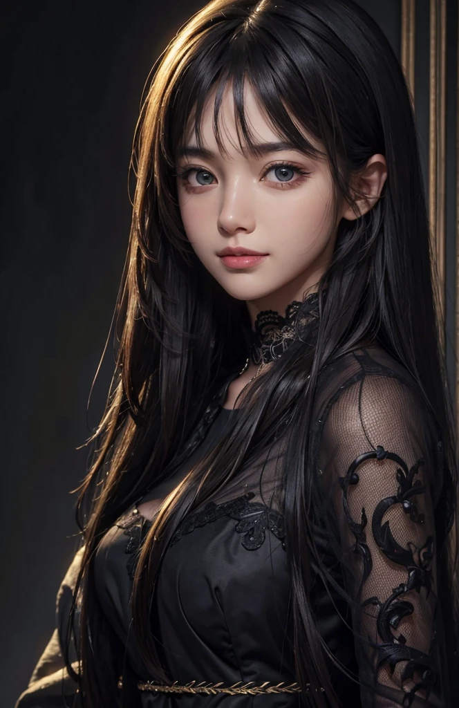 (Ultra Realistic), (Illustration), (Increased Resolution), (8K), (Extremely Detailed), (Best Illustration), (Beautiful and Detailed Eyes), (Best Quality), (Ultra Detailed), (Masterpiece ), ( wallpaper), (detailed face), solo, 1 girl, looking at viewer, fine details, detailed face, in the dark, deep shadows, low key, pureerosfaceace_v1, smiling, long hair, black shawl straight hair , 46 points oblique bangs