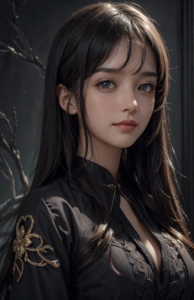 (Ultra Realistic), (Illustration), (Increased Resolution), (8K), (Extremely Detailed), (Best Illustration), (Beautiful and Detailed Eyes), (Best Quality), (Ultra Detailed), (Masterpiece ), ( wallpaper), (detailed face), solo, 1 girl, looking at viewer, fine details, detailed face, in the dark, deep shadows, low key, pureerosfaceace_v1, smiling, long hair, black shawl straight hair , 46 points oblique bangs