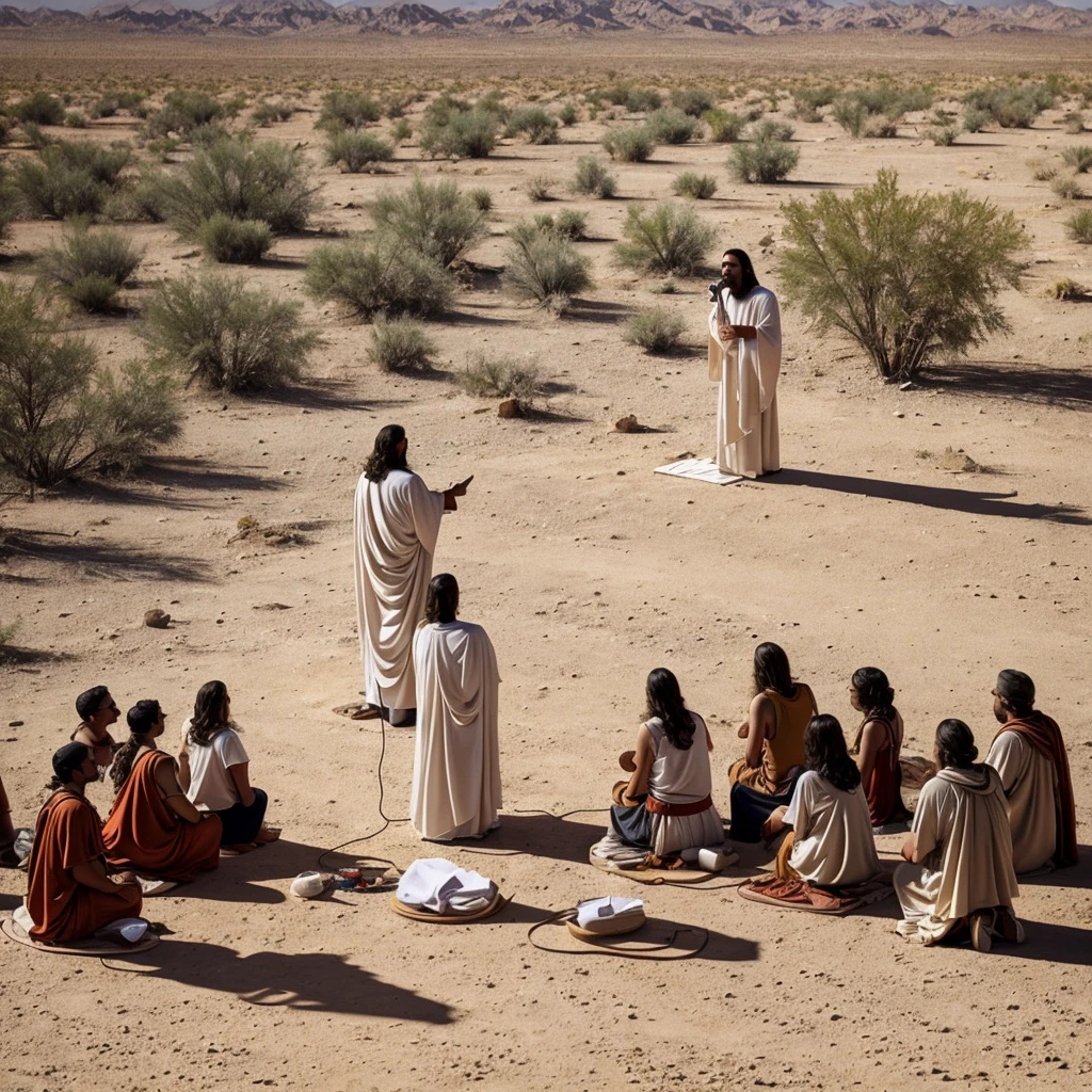 Image of Jesus preaching to the crowd in the hot, sunny desert,  realisitic.