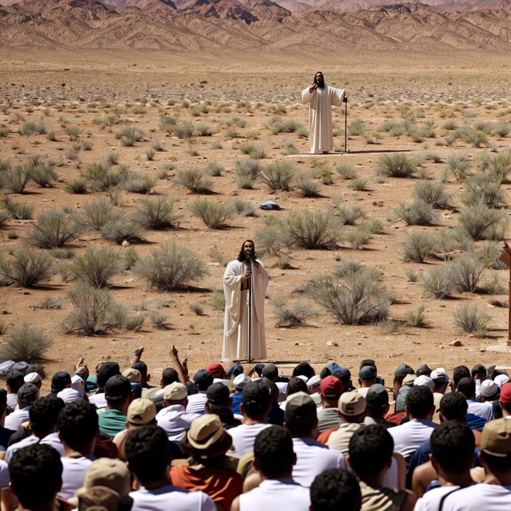 Image of Jesus preaching to the crowd in the hot, sunny desert, realisitic.