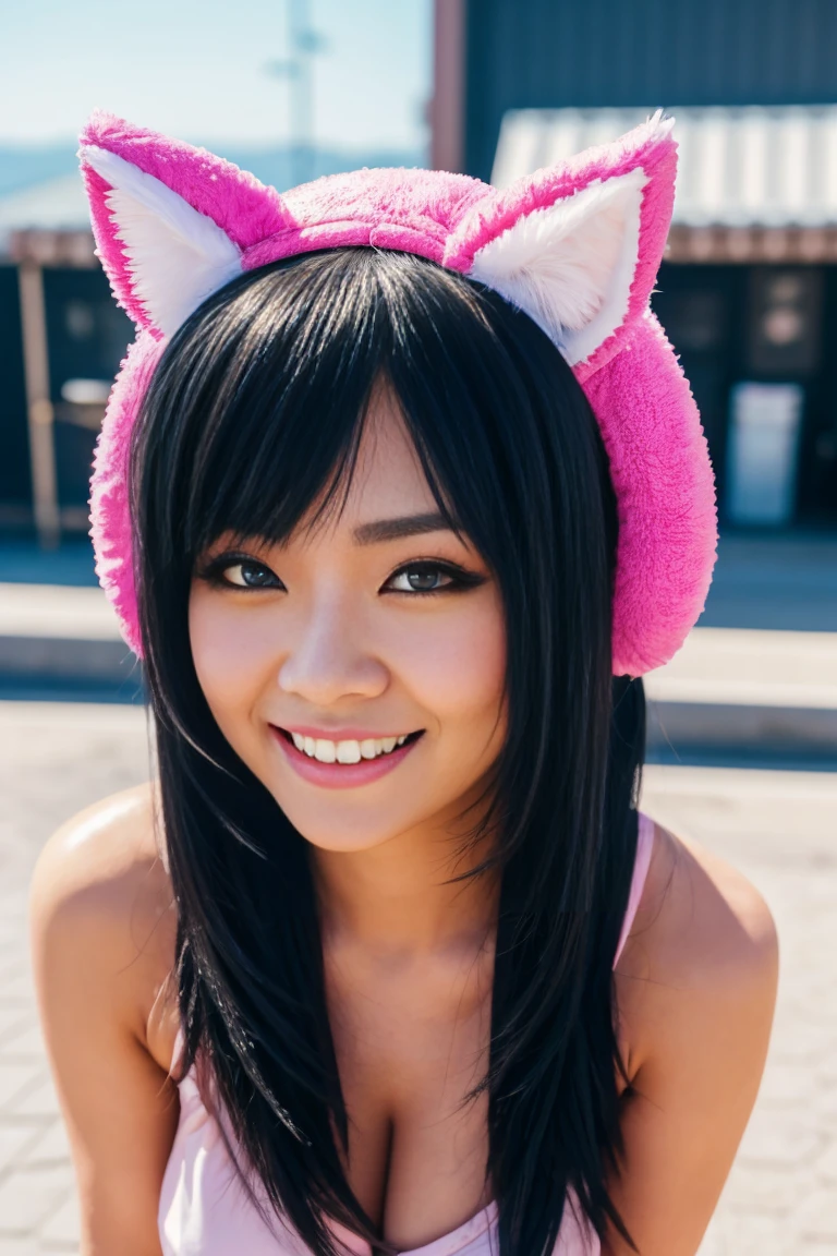 black hair, hair bobbles, wince, longeyelashes, solid circle eyes, fake animal ears, light smile, ear blush, fang, ccurate, Surrealism, drop shadow, anaglyph, stereogram, tachi-e, pov, atmospheric perspective, 8k, super detail, best quality
