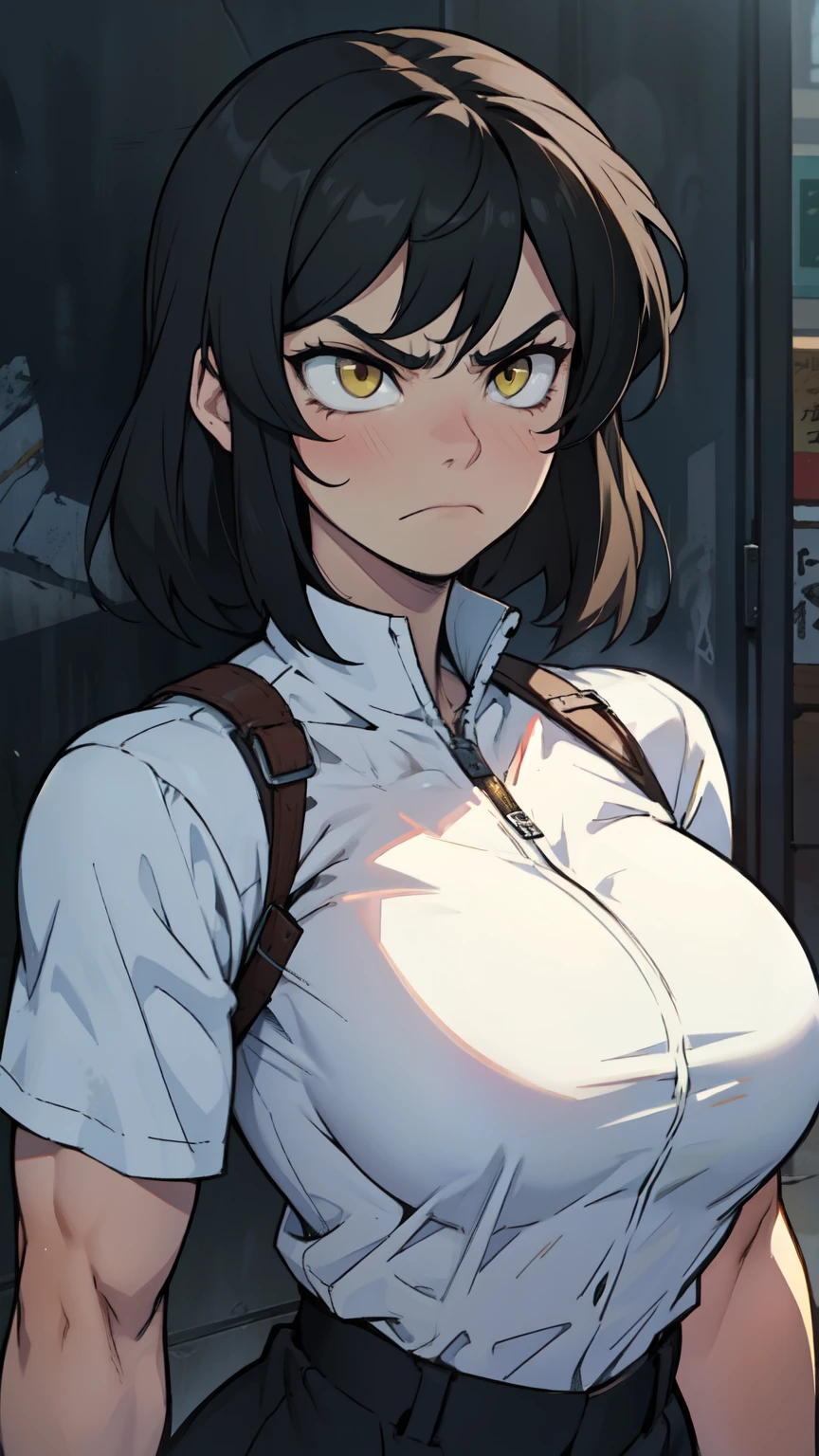 muscular woman massive breasts (expressionless sad frown angry) pale skin black hair yellow eyes solo