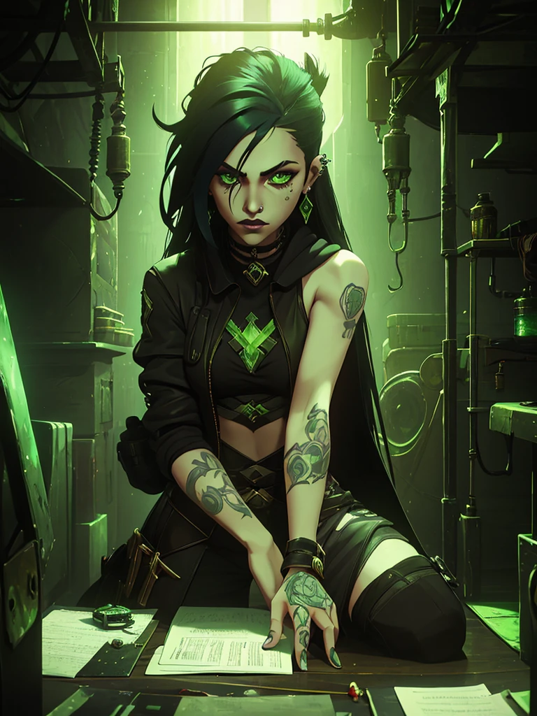 only one girl, black hair and phospor green underlights, green eyes, has tattoos, piercings, light skin but not that light, dressed in dark fantasy style, long hair gothic dark style punk diesel, sitting in the lab working with weapons and hextech gems