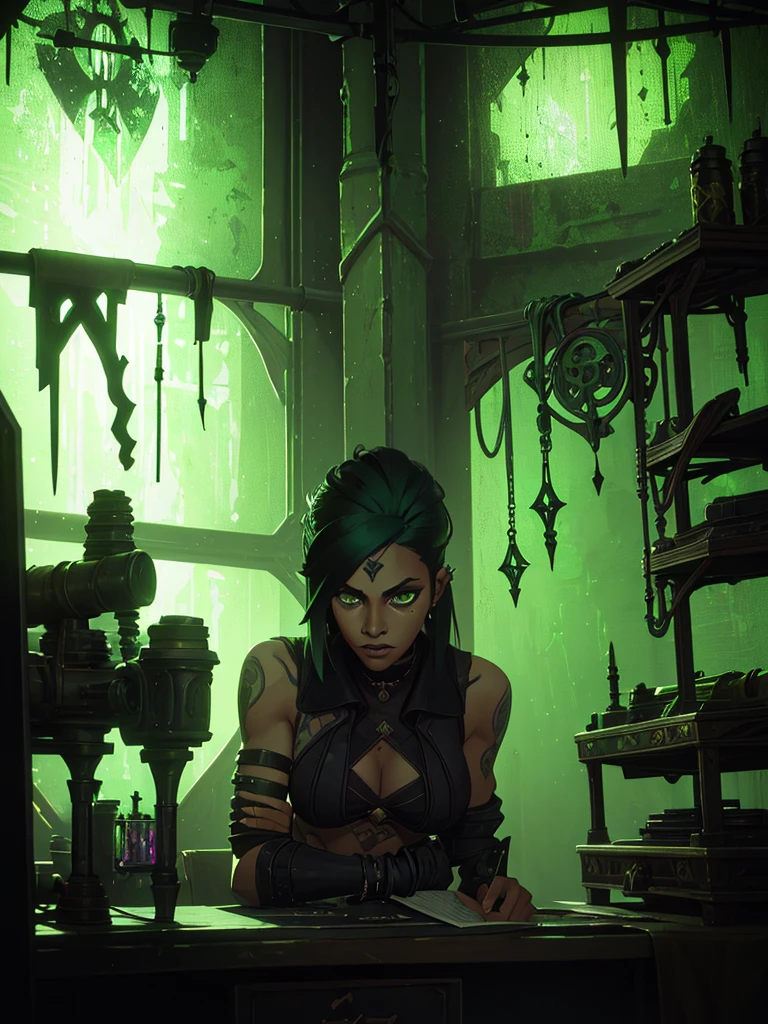 only one girl, black hair and phospor green underlights, green eyes, has tattoos, piercings, light skin but not that light, dressed in dark fantasy style, long hair gothic dark style punk diesel, sitting in the lab working with weapons and hextech gems