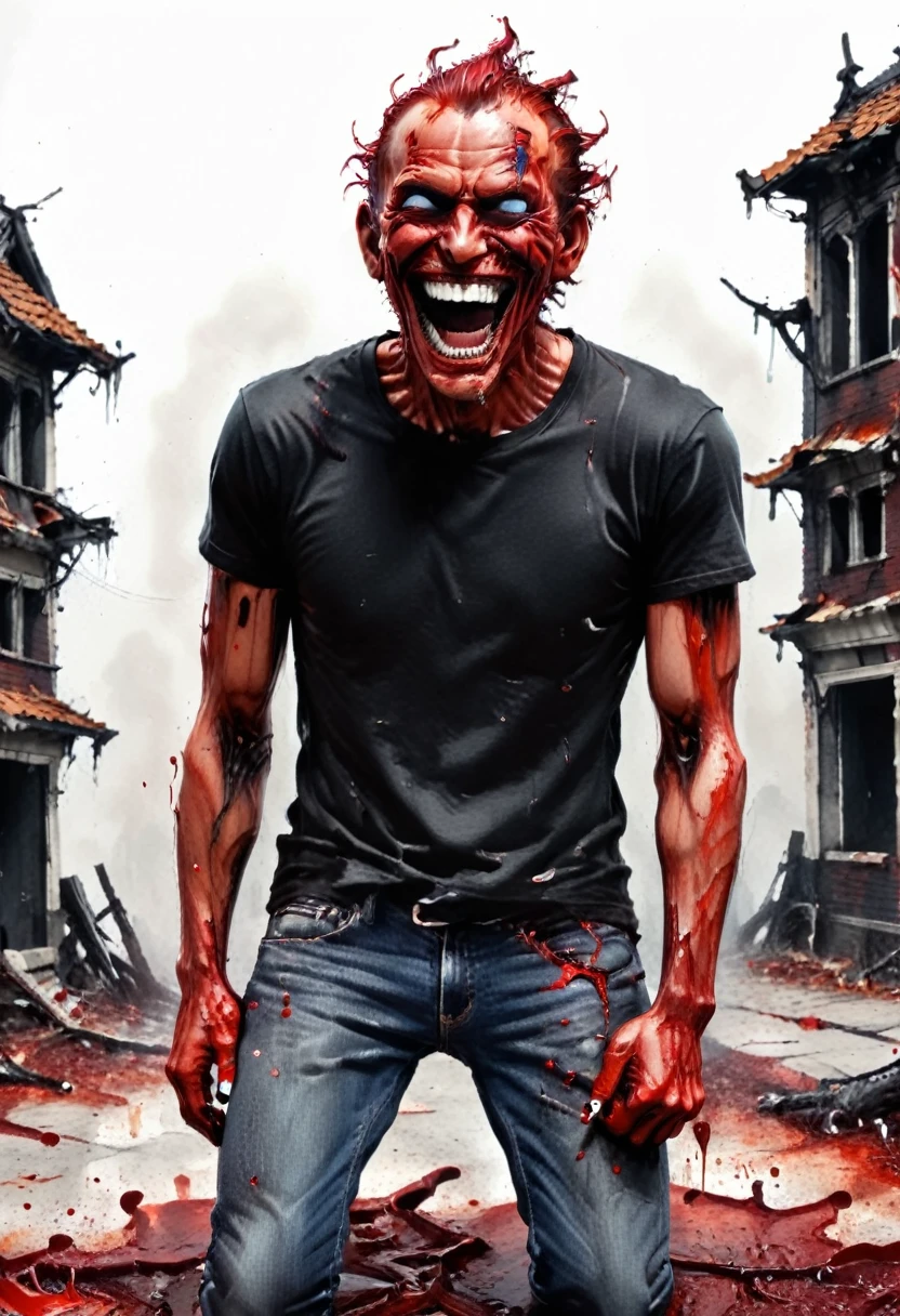 a red man. He wears a black T-shirt, blue jeans and white sneakers. He leans back slightly, laughing aloud. His eyes are frightening. His skin is very pale and he has vain black that runs through his arms. He has red blood on his hands and all over his clothes. You can see him in profile. Around him, ruins and buildings are on fire. [Man] [Bad] [Red Blood] [Laugh] [Scary]
