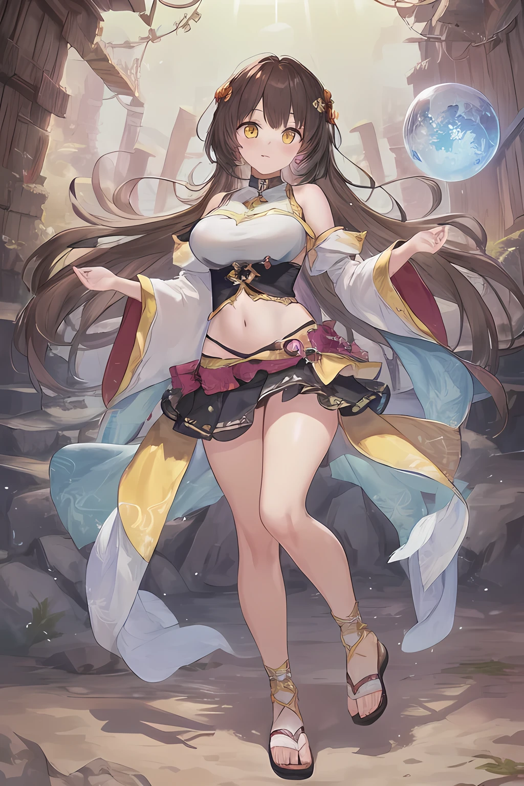 Super  anime wizard woman with big boobugh flirtatious pose with brown hair of long length and a sexy wizaobes