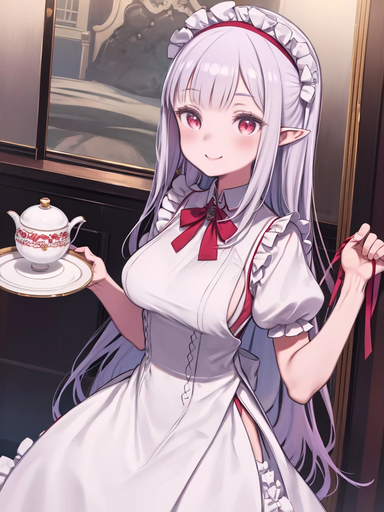 One Girl、Purple long hair、Red Eyes、Big Breasts、Maid clothes、Pointed Ears、Apron dress、White long gloves、Red ribbon collar、White collar、Large white headband、Hold a tea set on a tray in one hand、Smiling、Flat Color、Inside a rich mansion、