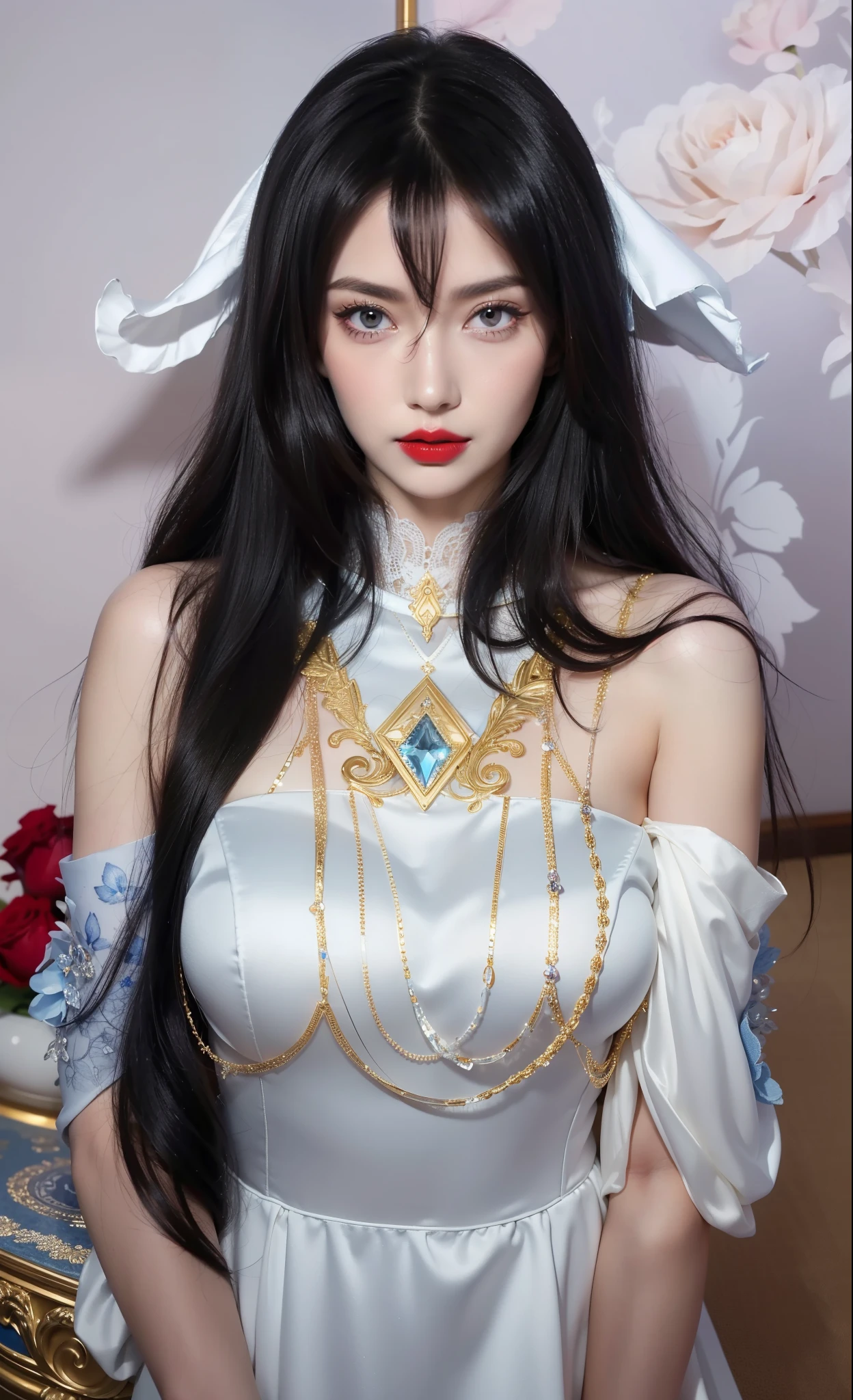 Royal princess,Super detailed, Delicate face, Stock Photography , Portrait 400, F1 Camera Lens.6, Colorful, Surrealism, Realistic textures, Dramatic Lighting, Thin Film Distiller 800 (8K, original photo, Better quality, masterpiece: 1.2), Super detailed, (Extremely delicate skin: 1.2), 8K 超高清, SLR camera, Soft Light, high quality.Fire Queen,Blue pupils,Apply red lipstick,Have a tattoo,The tattoo is very three-dimensional,Gorgeous and intricate tattoo designs,8K Mugshot,Large Breasts,Dark eyeshadow,Sexy thick lips(Red lipstick),Ice Princess,The facial features are very three-dimensional,Gorgeous and exquisite crystal diamond lace wedding dress,