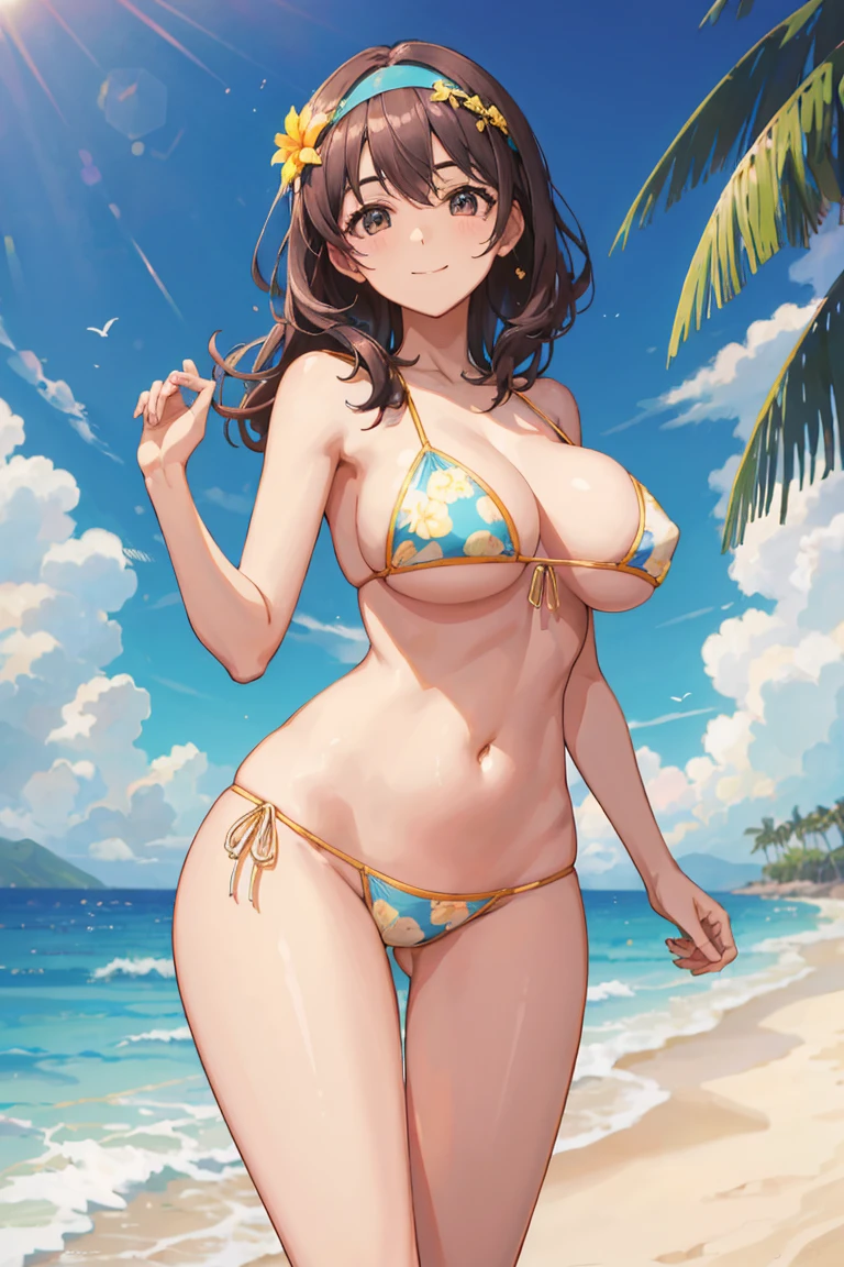 young and beautiful woman,Have a perfect body and beautiful big eyes, perfect figure, thin and thick, short and wavy hair, headband, Delicate printed micro bikini, playing on the beach, tropical island, glad, smile gently, avo, it's a perfect face, mute, atmospheric, linhas limpas, complex, super verbose, real, 8K ass