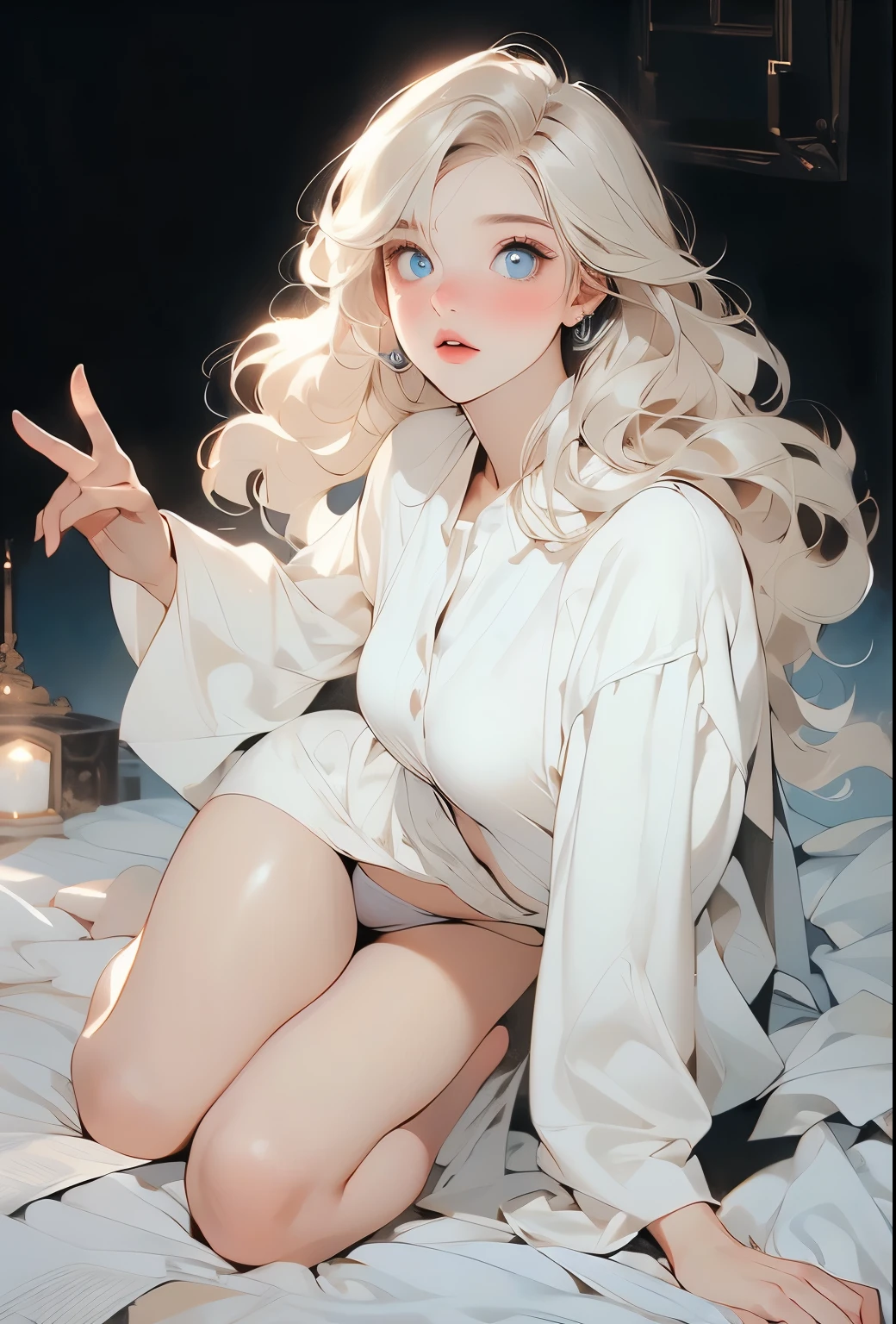 Hard NSFW, ((dark fantasy)), ((wavy hair, pale skin, long light blond hair),((light blue eyes)), freckles, on knees, warm light,( ),,Naked,busty,Glamour,Gorgeous,monochromes,erotic posing,Dynamic Posing,Arrange Pose,Dramatic,Cinematic,Detailed background, Dynamic Angle,From the angle of the film,Gothic background, Dark fantastic view,Best Quality,masutepiece,8K,The ultimate detailed dark background, Top image quality、RAW photography、超A high resolution，cropped shoulders, overall look is very erotic、Shot for one person only, model shoot, Large round chest, Beautiful Eyes of Details、Very slender eyes、Beautiful eyelashes、Very slim physique, with blush cheeks, black bra and panties