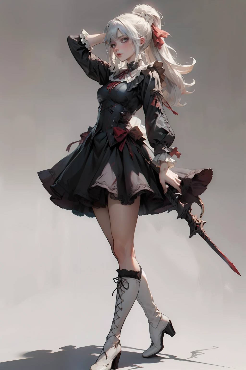 ((best quality)), ((masterpiece)), (detailed), blank white background, plain background, white background, red and white clothing, Bloodborne inspired, occult aesthetic, occult, detailed and intricate steampunk and detailed gothic, NSFW, Very dramatic and cinematic lighting, cosmic horror, grim-dark, side-lighting, perfect face, NSFW, Fluttering lace flared long knee length dress with frilly petticoats, knee length dress, pleated petticoats, ta dress, petticoats gothic lolicomplex lace boots, side-lighting, gothic lolita aetic, wielding a mighty sword with mechanical components, carbine, NSFW, beautiful small breasts, small breasts, full body, whole body, body, plain background, white background, blank background, no background, white background NSFW, full body, whole body, head-to-toe NSFW