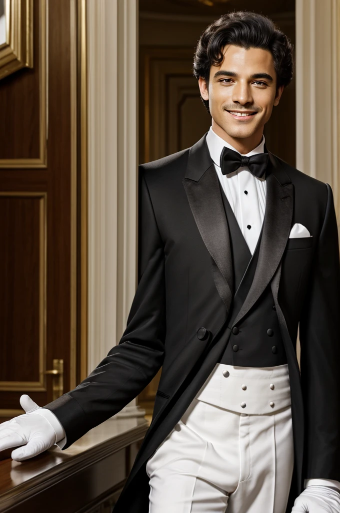 Masterpiece, Best Quality, high resolution, 1male, Alone, male lion, furry, black tuxedo, white formal gloves, SMILE, Butler,