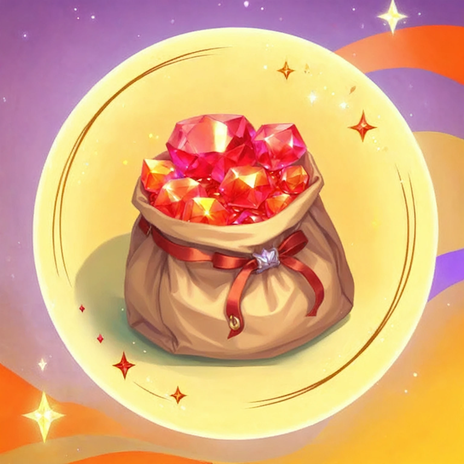 digital painting, mmorpg, Warm colors, cute style, medieval game, glowing effects in the background, glow effects, colorful, No characters, no characters, cute style, anime style, holiday, bag of rubies, sack, Rubies, Award