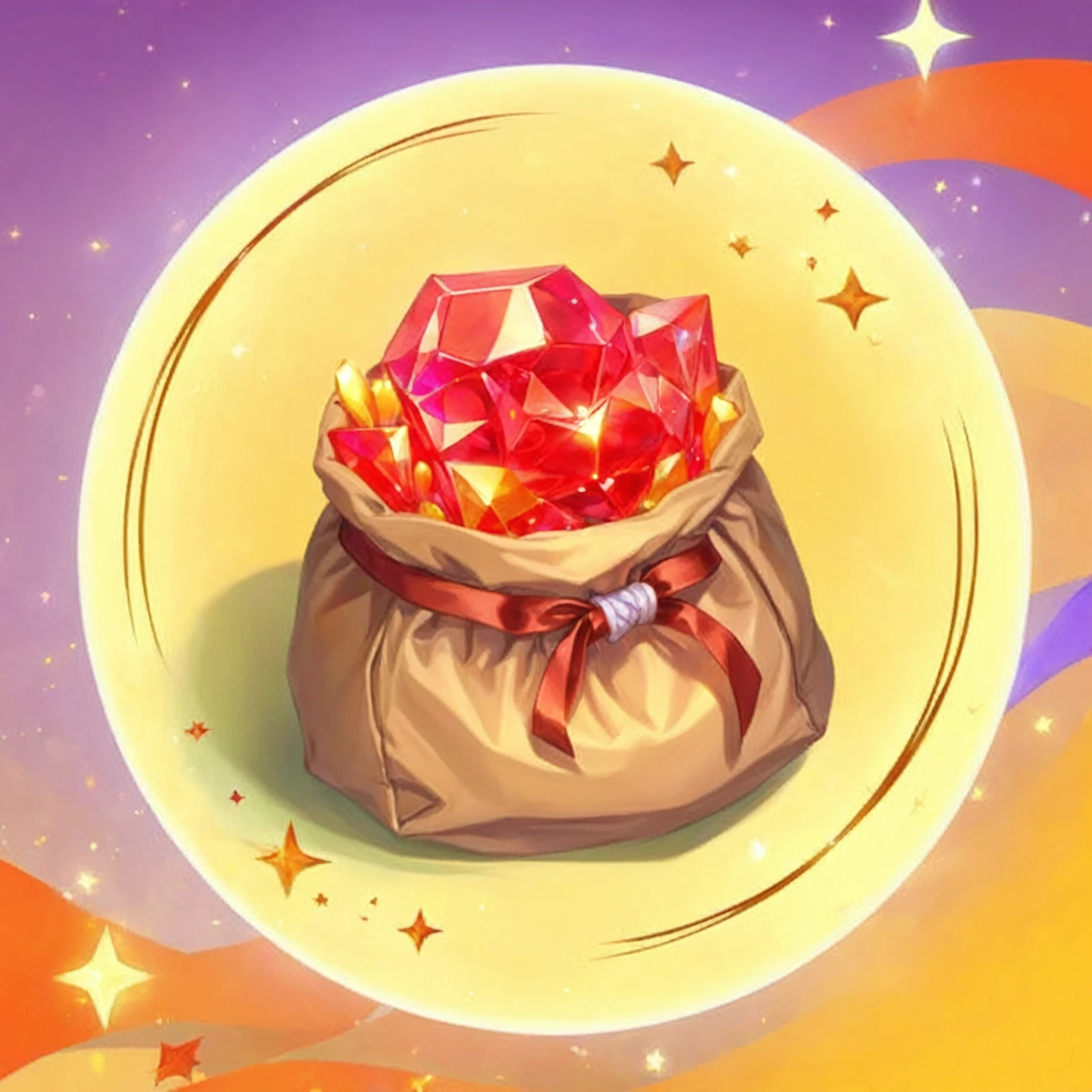 digital painting, mmorpg, Warm colors, cute style, medieval game, glowing effects in the background, glow effects, colorful, No characters, no characters, cute style, anime style, holiday, bag of rubies, sack, Rubies, Award
