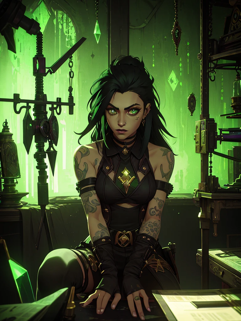 only one girl, black hair and phospor green underlights, green eyes, has tattoos, piercings, light skin but not that light, dressed in dark fantasy style, long hair gothic dark style punk diesel, sitting in the lab working with weapons and hextech gems