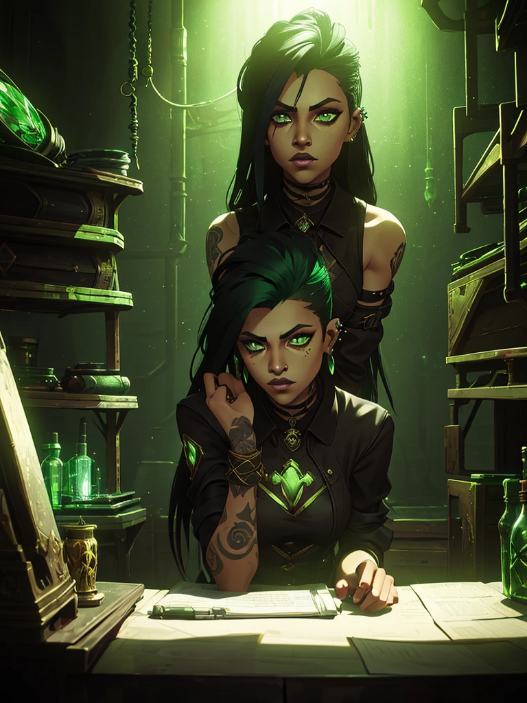 only one girl, black hair and phospor green underlights, green eyes, has tattoos, piercings, light skin but not that light, dressed in dark fantasy style, long hair gothic dark style punk diesel, sitting in the lab working with weapons and hextech gems, good eyes and black pupils