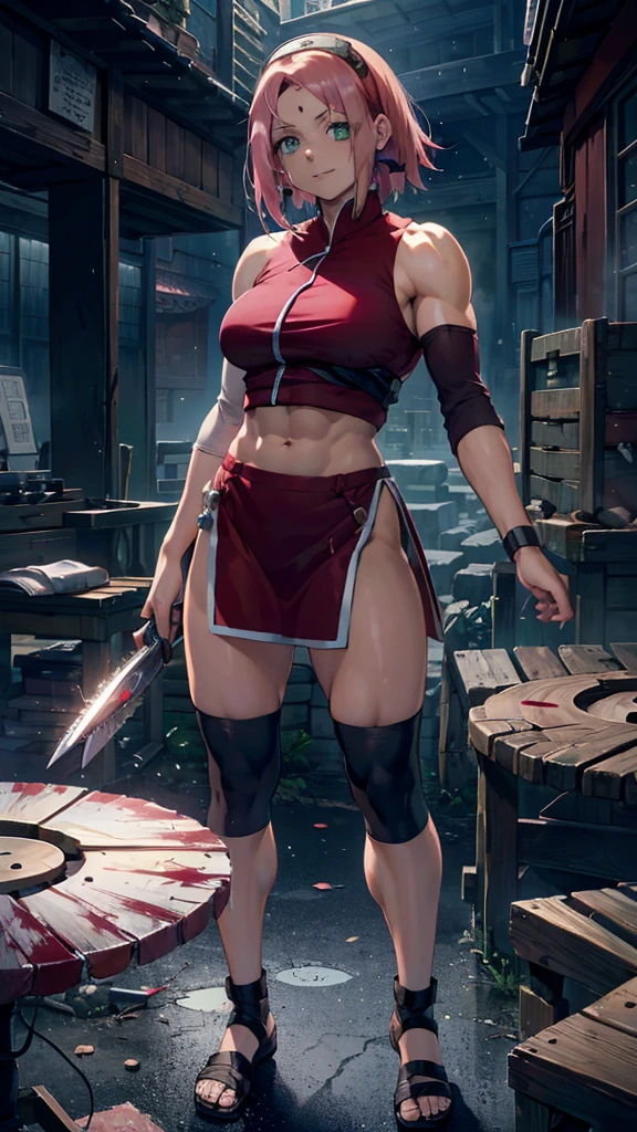 ((bloodstains)), ((respingos de bloodstains)), ((bloodstains nas roupas)), ((mancha de bloodstains)), hospital, (nurse uniform), (has an electric saw), (zombie's), absurderes, foto RAW, extremely delicate and beautiful, Masterpiece artwork, muscular woman, Aparencia Sakura Haruno, extremamente musculosa extremely large physique, extremely muscular legs, extremely muscular arms, Sakura Haruno from Naruto,extremely large physique, very muscular,best qualityer, ultra-high resolution, 32k, hyper realist, ultra-detailed, Detailed Description, skin fair, 20 year, crying mole, 耳环, Colossal, short medium hair, wavyhair, evil smile, full body shot, sakura haruno,