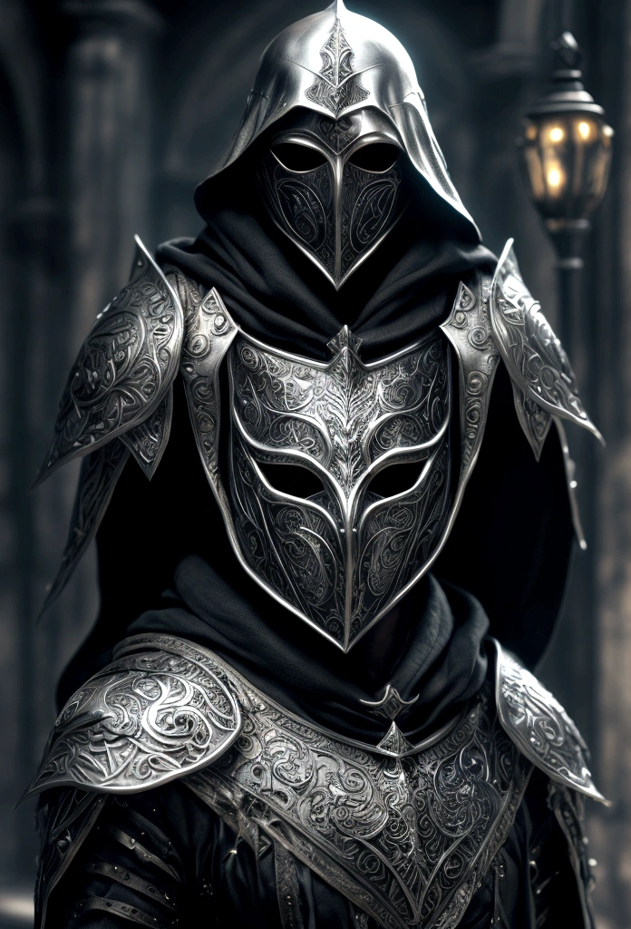 A fantasy superhero warrior, man, with a silver hooded mask, metallic mask, metallic face portrait, dressed mainly in black , silver secondary colors, gold and white, in fantasy city, Very detailed, digital art, looking at the viewer, art station style, intricate details, Heavy armor, magic sword