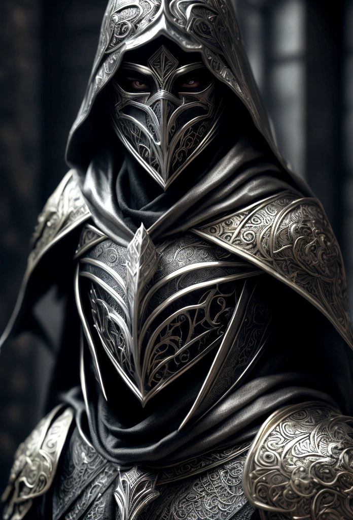 A fantasy superhero warrior, man, with a silver hooded mask, metallic mask, metallic face portrait, dressed mainly in black , silver secondary colors, gold and white, in fantasy city, Very detailed, digital art, looking at the viewer, art station style, intricate details, Heavy armor, magic sword