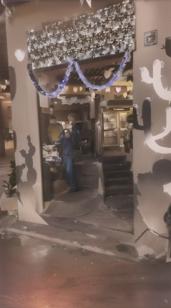 there is a man standing at the door of a restaurant with a sign, Mexico, Lt. Tom Wänerstrand, night at dusk, seen from outside, downtown Mexico, courtyard, by Daniel Lieske, por Nancy Carline, photo for a store, saindo da loja, display case, unknown artist, photo taken at night, taken at the beginning of 2020, turns into disney pixar