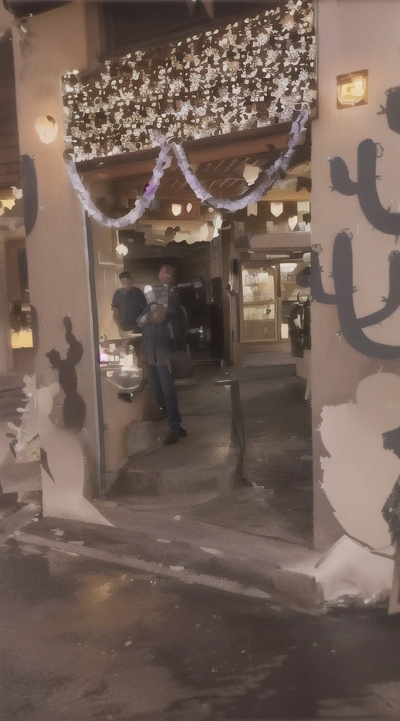 there is a man standing at the door of a restaurant with a sign, Mexico, Lt. Tom Wänerstrand, night at dusk, seen from outside, downtown Mexico, courtyard, by Daniel Lieske, por Nancy Carline, photo for a store, saindo da loja, display case, unknown artist, photo taken at night, taken at the beginning of 2020, turns into disney pixar