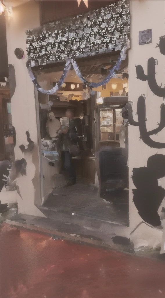 there is a man standing at the door of a restaurant with a sign, Mexico, Lt. Tom Wänerstrand, night at dusk, seen from outside, downtown Mexico, courtyard, by Daniel Lieske, por Nancy Carline, photo for a store, saindo da loja, display case, unknown artist, photo taken at night, taken at the beginning of 2020, turns into disney pixar