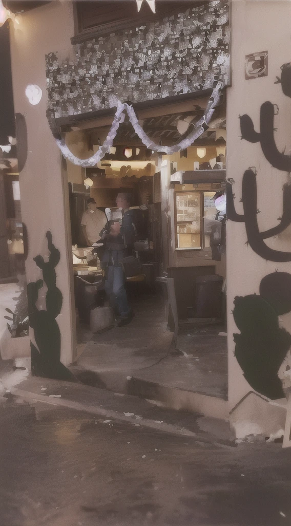 there is a man standing at the door of a restaurant with a sign, Mexico, Lt. Tom Wänerstrand, night at dusk, seen from outside, downtown Mexico, courtyard, by Daniel Lieske, por Nancy Carline, photo for a store, saindo da loja, display case, unknown artist, photo taken at night, taken at the beginning of 2020, turns into disney pixar
