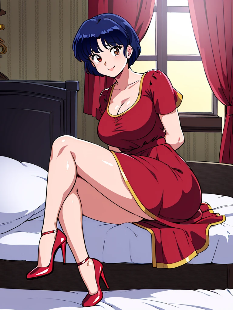 ((masterpiece)), best quality, ultra detailed, looking at viewer, intricate details, rich colors, sharp focus, volumetric lighting, dramatic atmosphere, akane tendo, brown eyes, akane, looking at viewer, 8k, 4k,light particles, highly detailed, detailed eyes, bedroom background, solo, daylight, , thick LEGS, pelvic curtain dress, heels, sit on bed,  red heels, smile, cleavage, seductive pose, white panties, 
