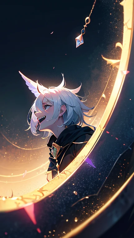 1The White Magician,Floating black gem,Looking up at the black jewel,Laugh wickedly,Pleasure,lament,Elevation,villain,Low - Angle,Disaster at your fingertips々Dark and Black Gem,Reach out to the jewels,The background is dark