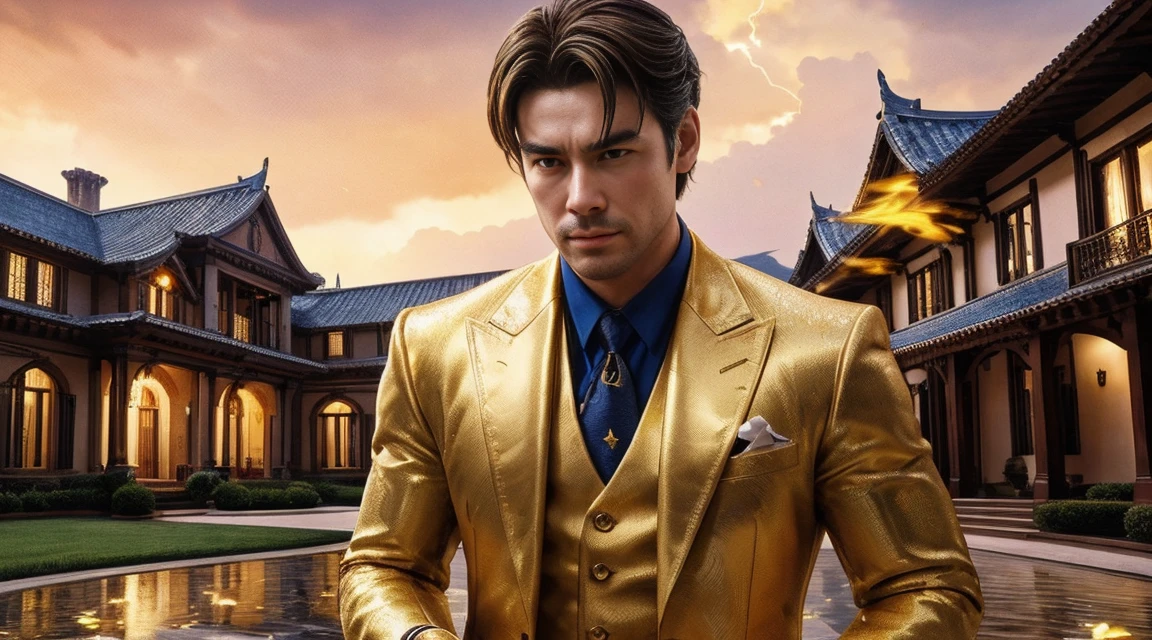 a man in front of a mansion full of gold coins falling from the sky, ultra detailed image, 真实感, 8K, hyper detailed skin, intense and vivid colors.