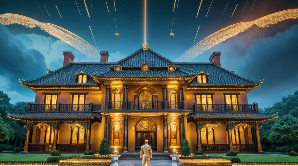 a man in front of a mansion full of gold coins falling from the sky, ultra detailed image, 真实感, 8K, hyper detailed skin, intense and vivid colors.
